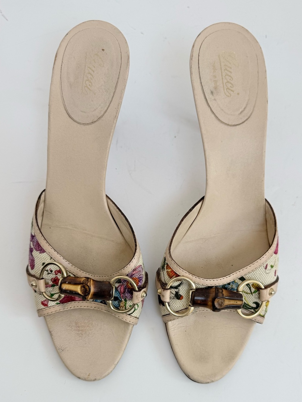 Rare Gucci Flora Bamboo Horsebit Mule Heels Vintage Y2K Floral Canvas 10.5B - Picture 2 of 10